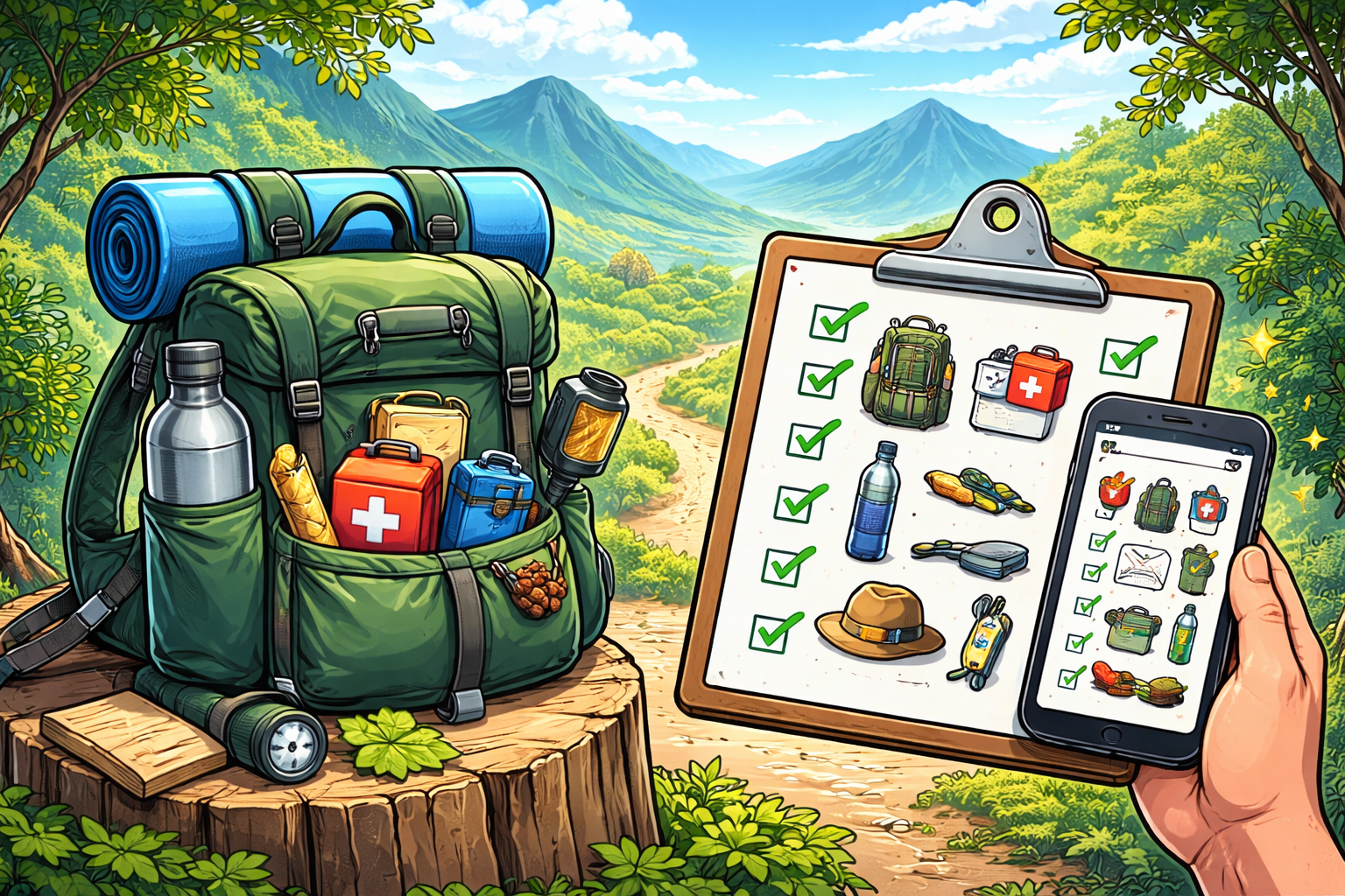 Comic-style hiking gear checklist image